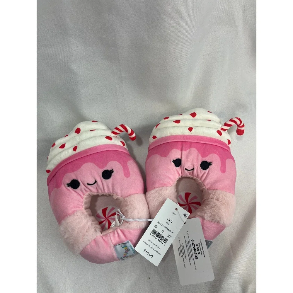 Squishmallows Peppermint Hot Cocoa Pink Plush Slippers Kids Size 13/1 Holiday